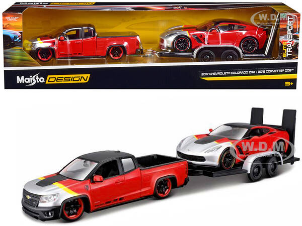 2017 Chevrolet Colorado ZR2 Pickup Truck Red and 2015 Chevrolet Corvette Z06 Red with Flatbed Trailer Set of 3 pieces \