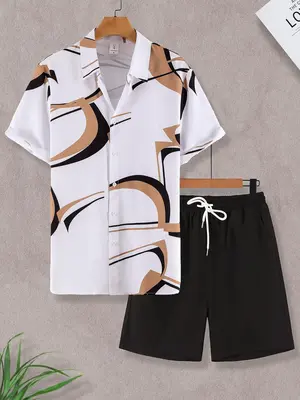 Two-Piece Set Men's Various Pattern Print Short Sleeve Pajama, Regular Fit Casual Comfy Button Front Collared Top & Drawstrin...