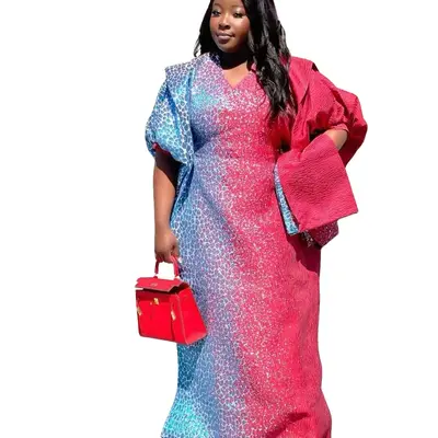 Adaeze 3 pc Set Boubou Kaftan, Floor Length Dress in Pink & Blue, Long Sleeves, Suitable for Various Occasions Vneck Summer