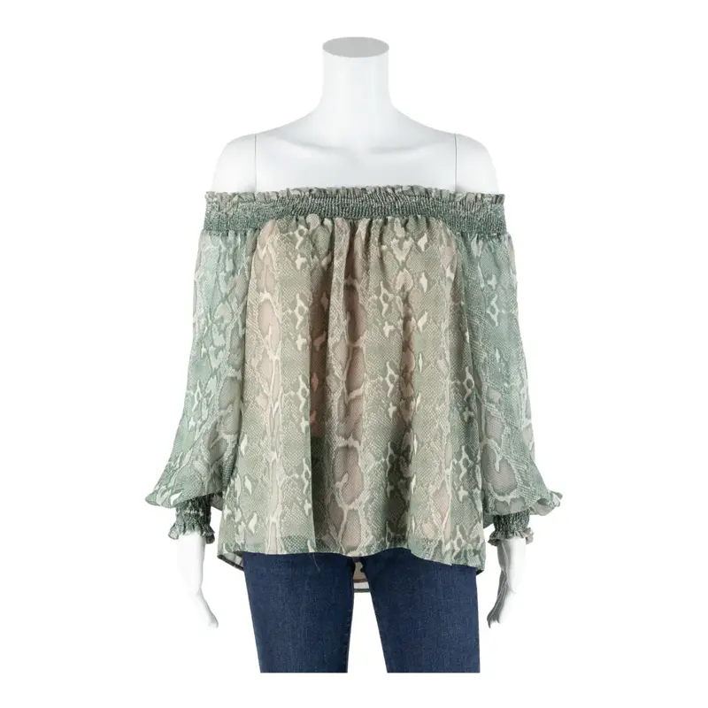 TOPSHOP Snake Skin Off the shoulder Blouse Green Long Sleeve Womens UK 10