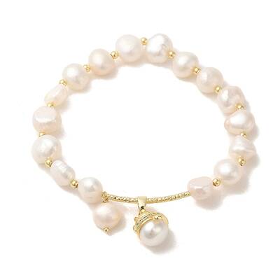Natural Pearl & Brass Tube Stretch Bracelets
