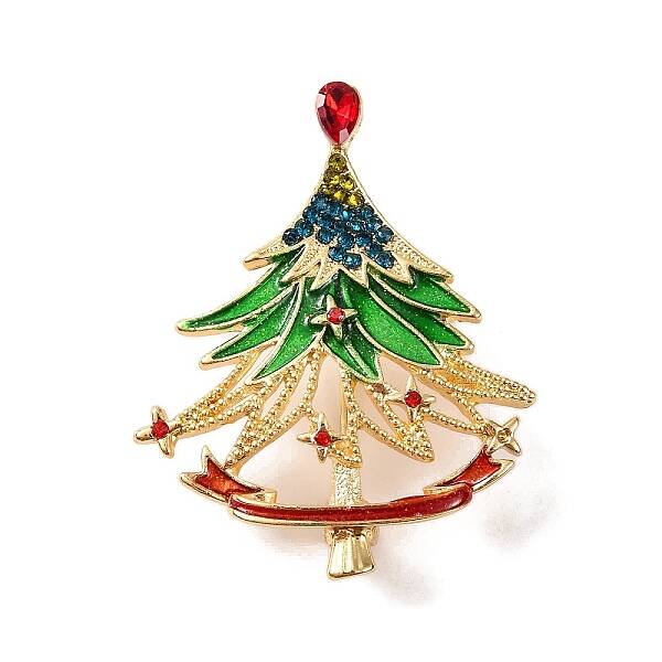 Alloy Rhinestone & Acrylic Christmas Tree Brooch for Women