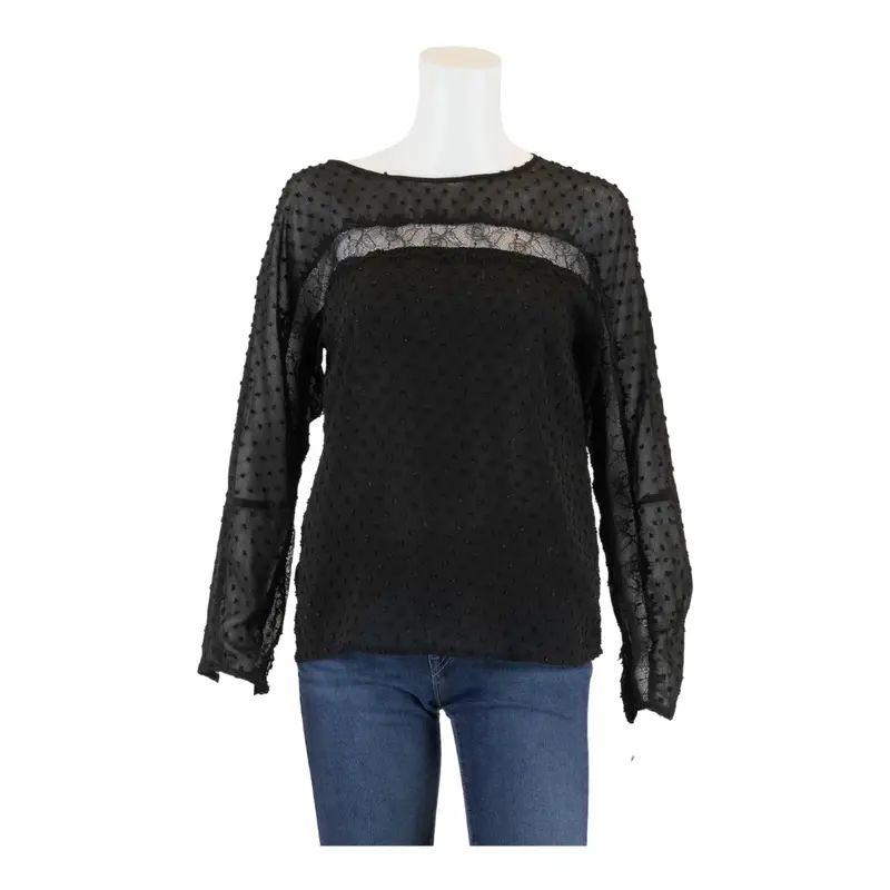 ZARA BASIC Lace Detail Black Spotted Long Sleeve Top Womens M