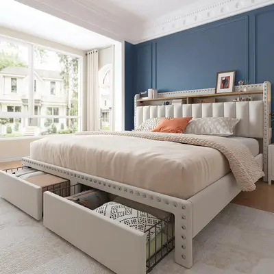 Raybee Furniture Luxury Bed Frame with Storage, NO MATTRESS, King Size bed with Headboard, Upholstered Queen or Full Size Div...