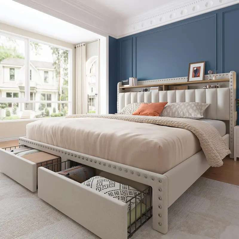 Raybee Furniture Luxury Bed Frame with Storage, NO MATTRESS, King Size bed with Headboard, Upholstered Queen or Full Size Div...