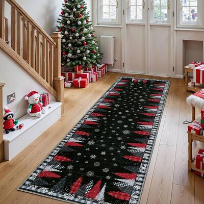 Garvee Christmas Tree Pattern Black 2x10  Rug - Washable Non-Slip & Stain Resistant Low Pile for Hallway, Entryway & Festive ...