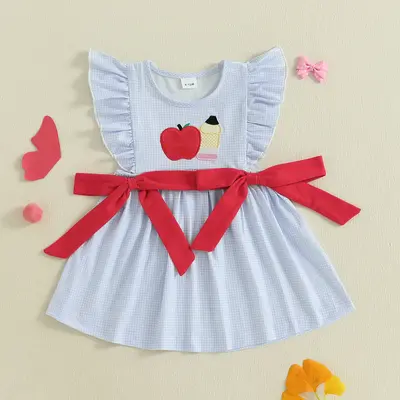 Little Girls Back to School Dress Apple Embroidery Flutter Sleeve Dresses Toddler Kids First Day of School Outfits