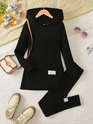 Girls' Solid-color Hooded Top Set with Split Hem Bottom, Fittedsilhouette Comfortable Long Pants for Casual Wear, Suitable fo...