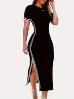 Women's Striped Side Split Thigh Bodycon Dress, Casual Short Sleeve Round Neck Midi Dress for Summer, Ladies Clothes for Dail...