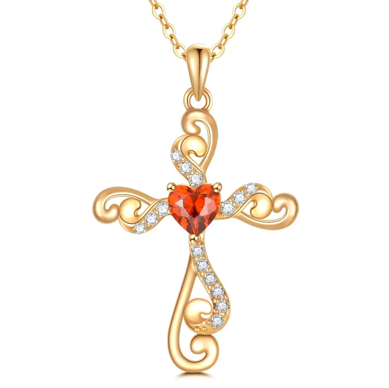 14K Gold Personalized Birthstone Ivy Cross Heart Necklace for Women