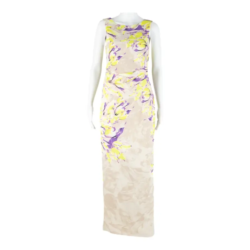 KAREN MILLEN Womens Day Dress Beige Crazy Pattern Sleeveless Long UK 10