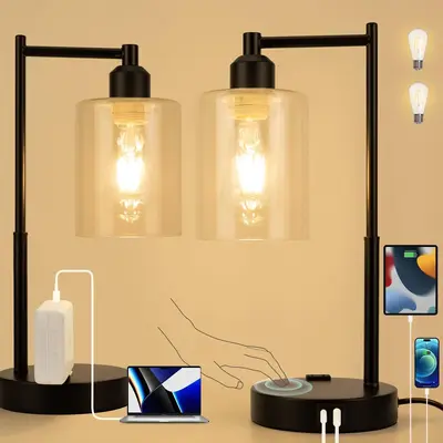 Yarra-Decor Industrial Bedside Table Lamp Set of 2 3-Way Dimmable Lamps for Bedroom Modern USB Nightstand Lamp with Glass Sha...