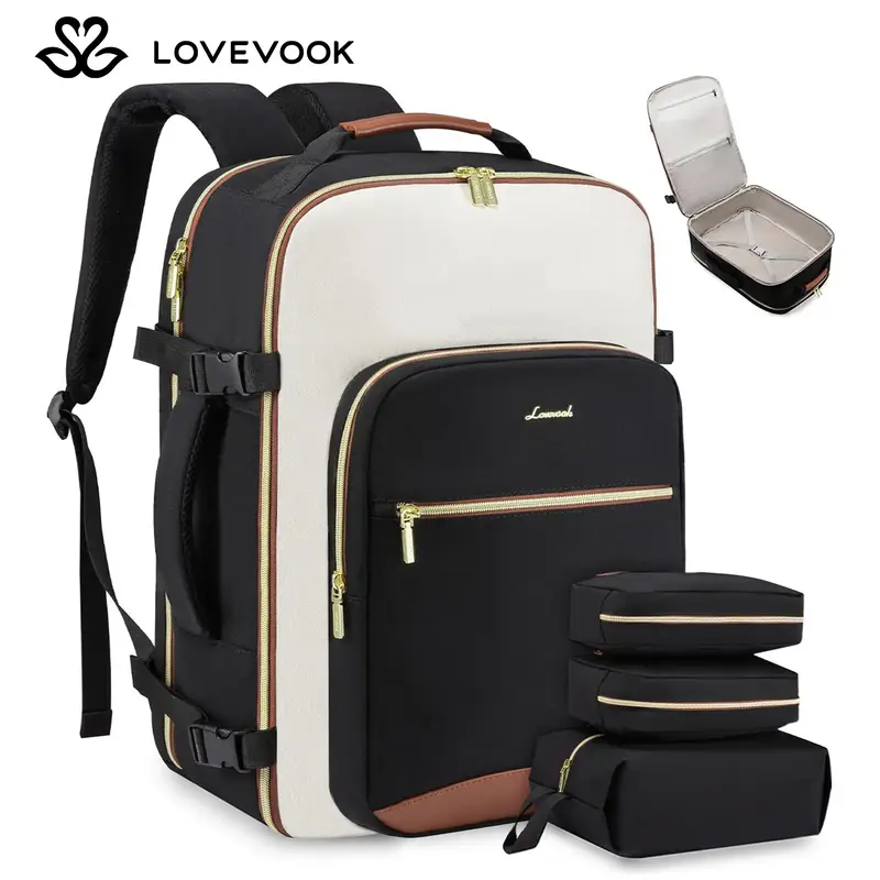LOVEVOOK Fall Colorblock Carry-On Travel Backpack with 3 Packing Cubes and Laptop Compartment - Personal Item, TSA-Friendly, ...