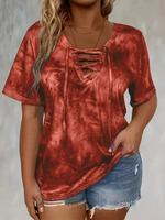 【Plus Size】 Tie Dye Print Lace Up Tee, Casual Short Sleeve T-shirt for Summer, Women's Clothing for Daily Wear, Tops for ...