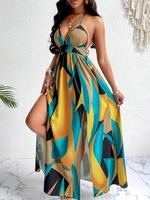 Women's Colorblock Print Backless Split Thigh Cami Dress, Casual Tie Back Sleeveless Halter Neck Maxi Dress for Holiday Vacat...