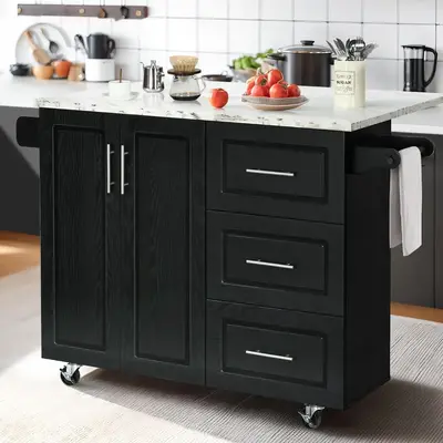 HOMBCK Kitchen Island Cart with Storage, Drop Leaf Kitchen Island on Wheels, Wood Countertop, Lockable Casters