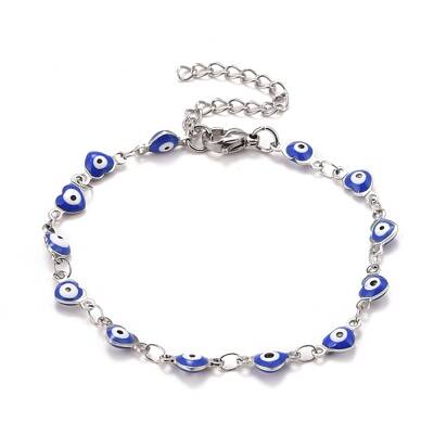Enamel Heart with Evil Eye Link Chains Bracelet