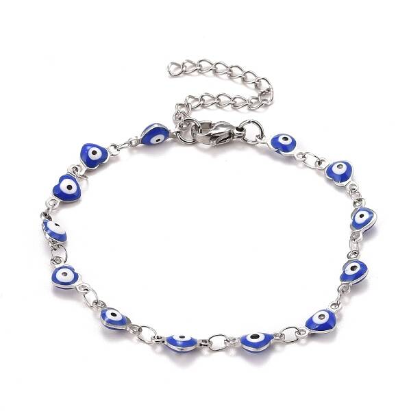 Enamel Heart with Evil Eye Link Chains Bracelet