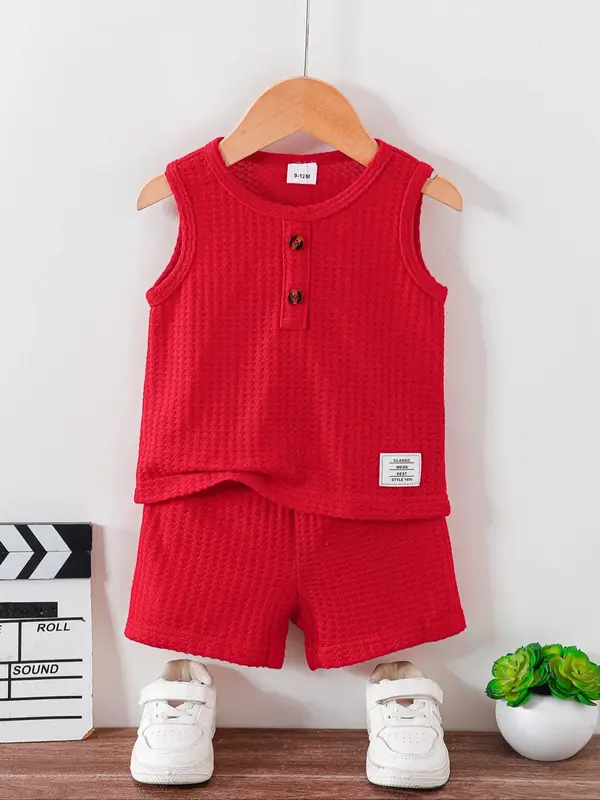 Baby's Solid Ribbed Tank Top & Shorts Two-piece Set, Casual Sleeveless Top & Shorts for Daily Wear, Infant Newborn Kids Summe...