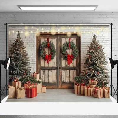 White Brick Wall Wood Door Festive Christmas Backdrop - Aperturee