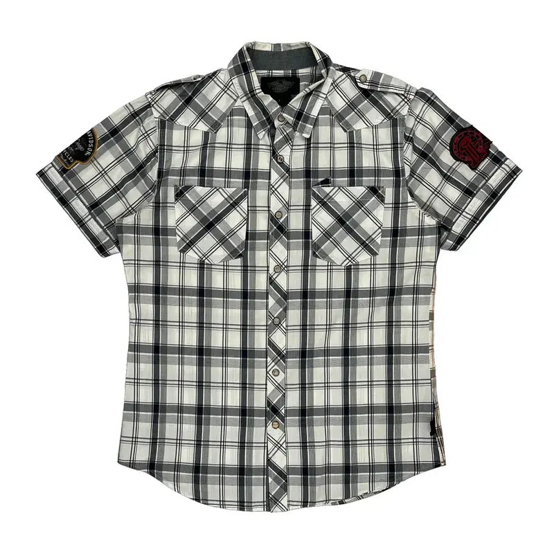 Harley Davidson Checked Short Sleeve Shirt - Large Black & White Cotton