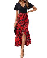 BTFBM Women's Maxi Summer Dresses 2025 Short Sleeve V Neck Boho Floral Print Belted High Low Ruffle Party Cocktail Dress