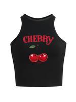 Women's Cherry & Letter Print Round Neck Tank Top, Casual Sleeveless Crew Neck Top for Summer, Ladies Clothes for Daily Wear