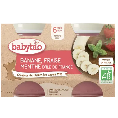 Babybio Fruit Jars - 6 months and more - Banana, Strawberry, Mint - ORGANIC 2x130 g