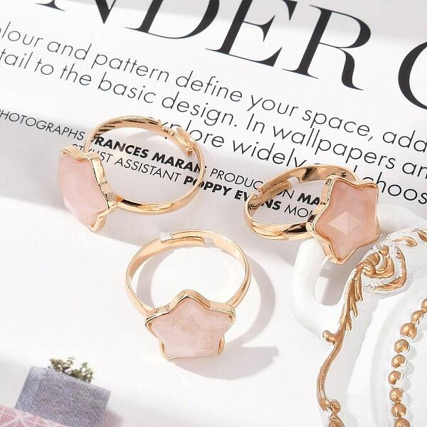 Star Natural Rose Quartz Adjustable Rings