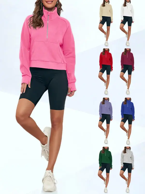 Fisoew Womens Sweatshirts Half Zipper Crop Pullover Funnel Neck Fleece Lined Zip Up Long Sleeve Tops Thumb Hole