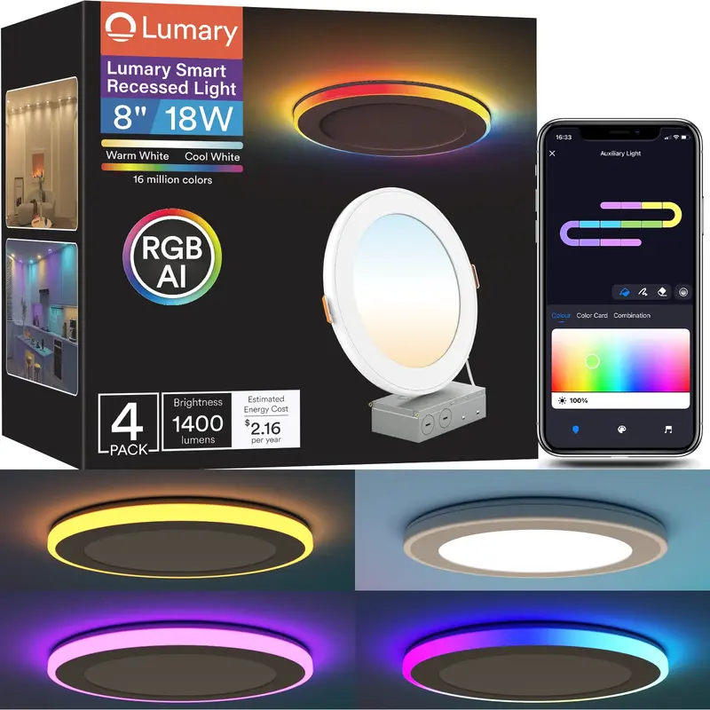 Lumary Smart RGBAI Recessed Light with Gradient Auxiliary Night Light, 8 inch / 4 pcs
