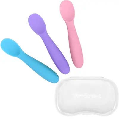 WeeSprout Baby Spoons for Self Feeding 6 Months +, Soft & Durable Silicone Utensils for Sensitive Gums & Teeth, 3 Pack + Carr...