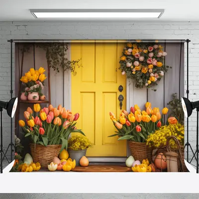 Orange Color Floral Wood Door Eggs Easter Backdrop - Aperturee