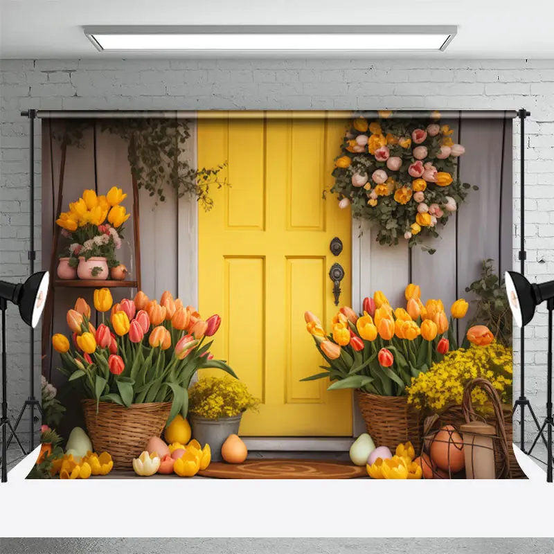 Orange Color Floral Wood Door Eggs Easter Backdrop - Aperturee