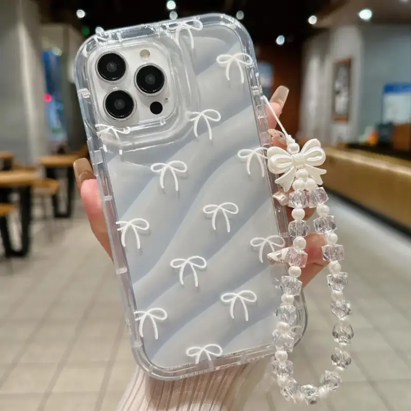Bowknot Pattern Phone Case with Wrist Strap, Shockproof Phone Protective Cover, Fashion Phone Accessories Compatible with iPh...