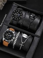 Men's Watch & Jewelry Set, Fashion Round Dial Analog Quartz Watch & Chain Bracelet & Cross Pendant Necklace & Ring, Trendy Wa...