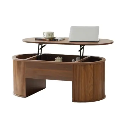 Giratree Fluted Coffee Table with Lifting Top, Oval Wood Lift Top Coffee Table with Hidden Compartment, Mid Century Pull up C...