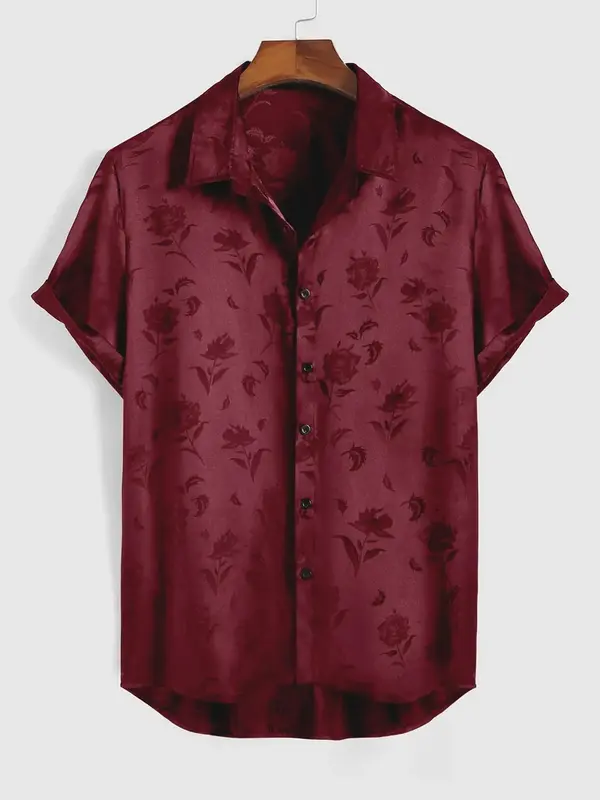 Men's Ditsy Floral Print Button Front Shirt, Loose Casual Short Sleeve Collar Shirt for Summer, Fashion Men's Top for Beach V...