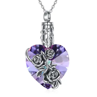 Sterling Silver Heart Cut Crystal Rose Urn Necklace for Ashes