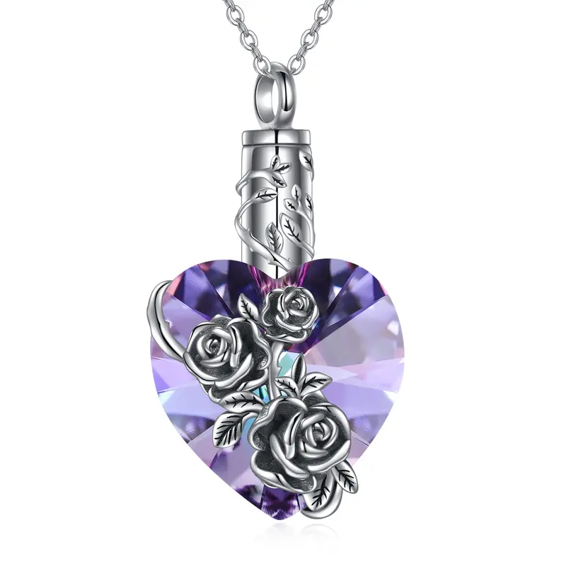 Sterling Silver Heart Cut Crystal Rose Urn Necklace for Ashes