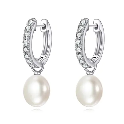 10K White Gold Pearl Bead Drop Earrings