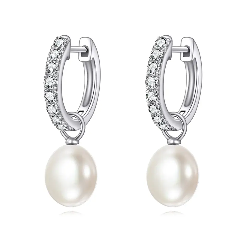 10K White Gold Pearl Bead Drop Earrings
