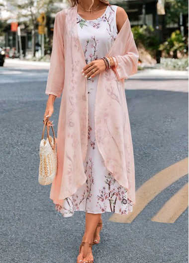 Modlily Pink Floral Print Maxi Long Sleeve Dress and Cardigan - XXL