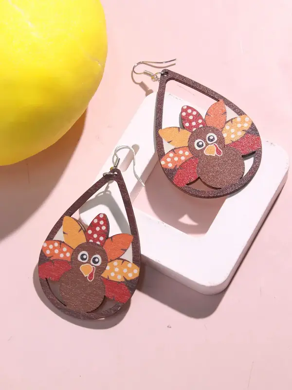 1 Pair Wooden Turkey Decor Dangle Earrings, Water Drop Shaped Ear Jewelry for Girl, Fashion Jewelry for Party, Daily Clothing...