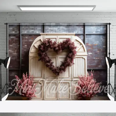 Brick Wall White Door Floral Valentines Day Backdrop - Aperturee