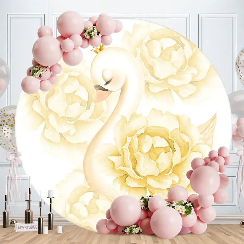Aperturee Yellow Swan Floral Round Baby Shower Backdrop