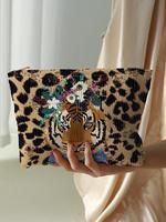 Fashion Leopard & Floral & Tiger Pattern Makeup Organizer Pouch, Casual Versatile Handheld Cosmetic Pouch, Travel Makeup Bag ...