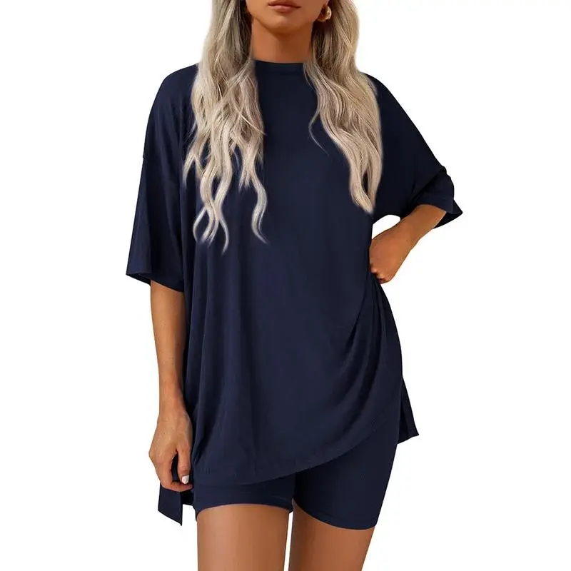 Women's Summer Two-Piece Set 2025 Casual Oversized Crewneck Split Hem Shirts & Side Pocket Biker Shorts Minimalist Lounge Wea...