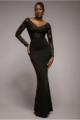 Goddiva Scalloped Lace Bodice Long Sleeve Bardot Maxi Dress - Black