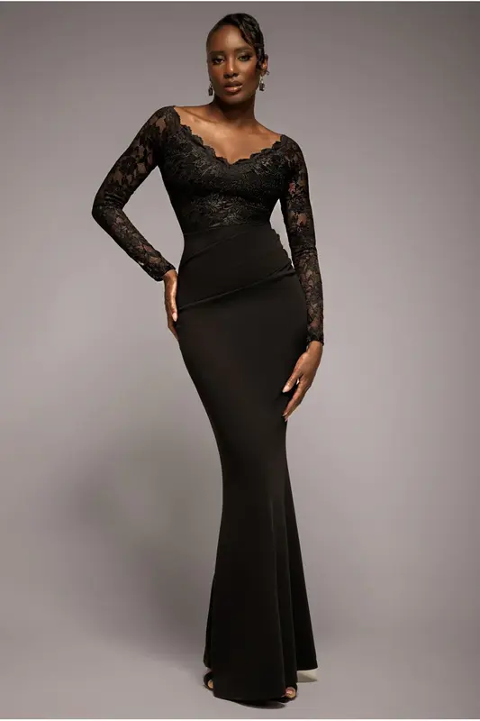 Goddiva Scalloped Lace Bodice Long Sleeve Bardot Maxi Dress - Black
